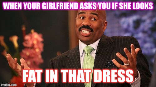 WHEN YOUR GIRLFRIEND ASKS YOU IF SHE LOOKS; FAT IN THAT DRESS | image tagged in memes,steve harvey | made w/ Imgflip meme maker