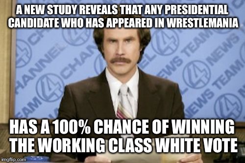 Ron Burgundy | A NEW STUDY REVEALS THAT ANY PRESIDENTIAL CANDIDATE WHO HAS APPEARED IN WRESTLEMANIA; HAS A 100% CHANCE OF WINNING THE WORKING CLASS WHITE VOTE | image tagged in memes,ron burgundy | made w/ Imgflip meme maker