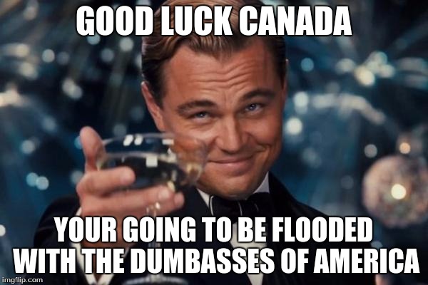 Leonardo Dicaprio Cheers Meme | GOOD LUCK CANADA YOUR GOING TO BE FLOODED WITH THE DUMBASSES OF AMERICA | image tagged in memes,leonardo dicaprio cheers | made w/ Imgflip meme maker