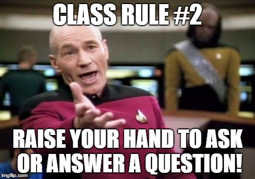 Picard Wtf | CLASS RULE #2; RAISE YOUR HAND TO ASK OR ANSWER A QUESTION! | image tagged in memes,picard wtf | made w/ Imgflip meme maker