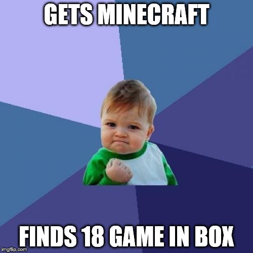 Success Kid Meme | GETS MINECRAFT; FINDS 18 GAME IN BOX | image tagged in memes,success kid | made w/ Imgflip meme maker