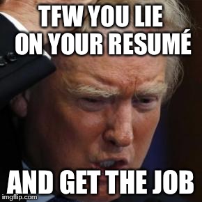 Decision 2016 | TFW YOU LIE ON YOUR RESUMÉ; AND GET THE JOB | image tagged in memes,funny memes,political meme,donald trump | made w/ Imgflip meme maker