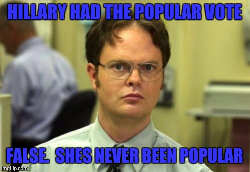 False | HILLARY HAD THE POPULAR VOTE; FALSE.  SHES NEVER BEEN POPULAR | image tagged in false | made w/ Imgflip meme maker