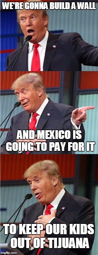 Bad Pun Trump | WE'RE GONNA BUILD A WALL; AND MEXICO IS GOING TO PAY FOR IT; TO KEEP OUR KIDS OUT OF TIJUANA | image tagged in bad pun trump | made w/ Imgflip meme maker