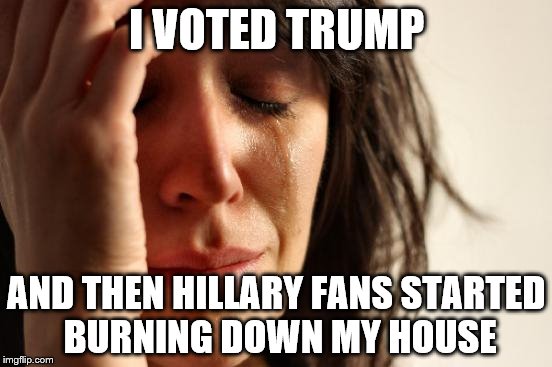 First World Problems | I VOTED TRUMP; AND THEN HILLARY FANS STARTED BURNING DOWN MY HOUSE | image tagged in memes,first world problems | made w/ Imgflip meme maker