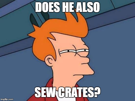 Futurama Fry Meme | DOES HE ALSO SEW CRATES? | image tagged in memes,futurama fry | made w/ Imgflip meme maker