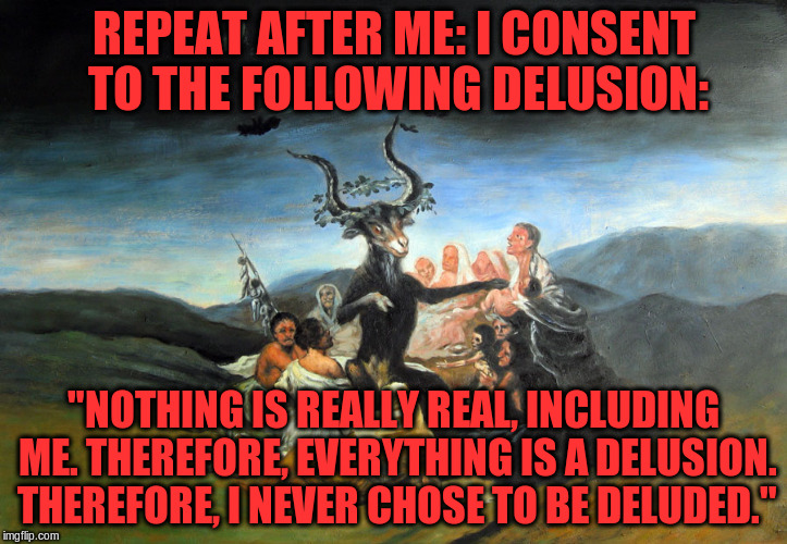 REPEAT AFTER ME: I CONSENT TO THE FOLLOWING DELUSION:; "NOTHING IS REALLY REAL, INCLUDING ME. THEREFORE, EVERYTHING IS A DELUSION. THEREFORE, I NEVER CHOSE TO BE DELUDED." | made w/ Imgflip meme maker