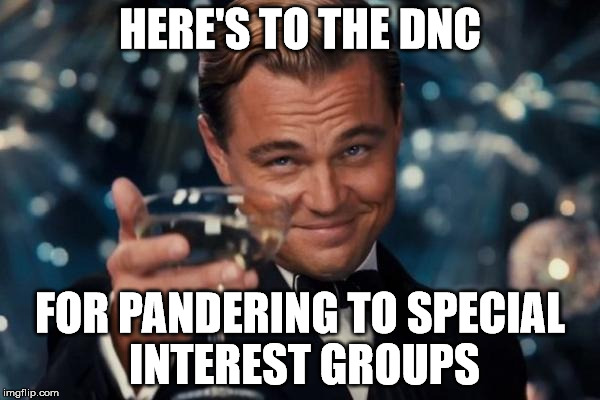 Leonardo Dicaprio Cheers Meme | HERE'S TO THE DNC; FOR PANDERING TO SPECIAL INTEREST GROUPS | image tagged in memes,leonardo dicaprio cheers | made w/ Imgflip meme maker
