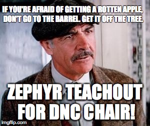 Connery Untouchables | IF YOU'RE AFRAID OF GETTING A ROTTEN APPLE, DON'T GO TO THE BARREL. GET IT OFF THE TREE. ZEPHYR TEACHOUT FOR DNC CHAIR! | image tagged in connery untouchables | made w/ Imgflip meme maker