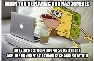 SpongeGar Computer | WHEN YOU'RE PLAYING COD NAZI ZOMBIES; BUT YOU'RE STILL IN ROUND 50 AND THERE ARE LIKE HUNDREDS OF ZOMBIES CHARGING AT YOU | image tagged in spongegar computer | made w/ Imgflip meme maker
