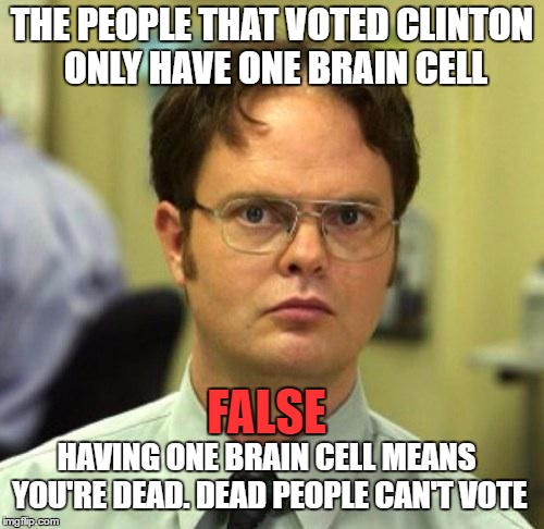 False | THE PEOPLE THAT VOTED CLINTON ONLY HAVE ONE BRAIN CELL; FALSE; HAVING ONE BRAIN CELL MEANS YOU'RE DEAD. DEAD PEOPLE CAN'T VOTE | image tagged in false | made w/ Imgflip meme maker