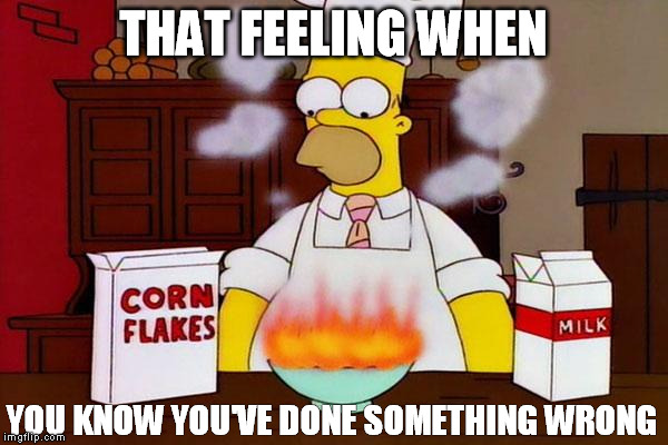 Cooking | THAT FEELING WHEN; YOU KNOW YOU'VE DONE SOMETHING WRONG | image tagged in cooking,simpsons,lol,funny,shit | made w/ Imgflip meme maker