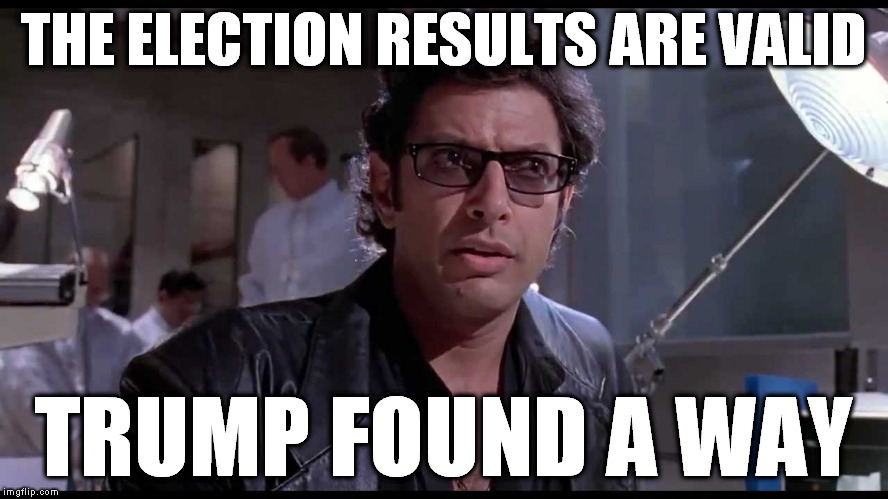 Trump found a way. | THE ELECTION RESULTS ARE VALID; TRUMP FOUND A WAY | image tagged in goldblum life,trump 2016,so true memes,funny memes,victory 2016,maga | made w/ Imgflip meme maker