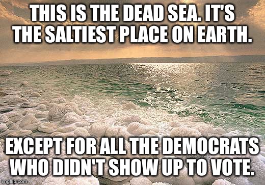 One might say lazy democrats put Trump into office! | THIS IS THE DEAD SEA. IT'S THE SALTIEST PLACE ON EARTH. EXCEPT FOR ALL THE DEMOCRATS WHO DIDN'T SHOW UP TO VOTE. | image tagged in election 2016 | made w/ Imgflip meme maker