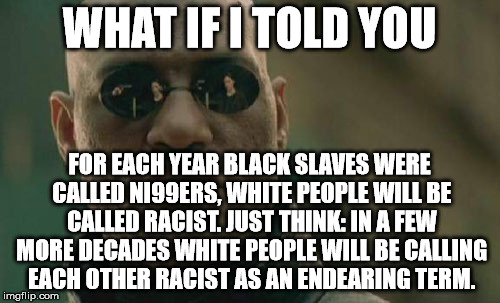 Matrix Morpheus Meme | WHAT IF I TOLD YOU FOR EACH YEAR BLACK SLAVES WERE CALLED NI99ERS, WHITE PEOPLE WILL BE CALLED RACIST. JUST THINK: IN A FEW MORE DECADES WHI | image tagged in memes,matrix morpheus | made w/ Imgflip meme maker