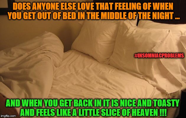 Bedtime Heaven | DOES ANYONE ELSE LOVE THAT FEELING OF WHEN YOU GET OUT OF BED IN THE MIDDLE OF THE NIGHT ... #INSOMNIACPROBLEMS; AND WHEN YOU GET BACK IN IT IS NICE AND TOASTY AND FEELS LIKE A LITTLE SLICE OF HEAVEN !!! | image tagged in bed,insomnia,slumber,winter is here,sleep,sleeping beauty | made w/ Imgflip meme maker