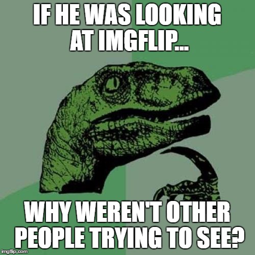 IF HE WAS LOOKING AT IMGFLIP... WHY WEREN'T OTHER PEOPLE TRYING TO SEE? | image tagged in memes,philosoraptor | made w/ Imgflip meme maker