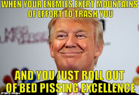 Hillary lies, her supporters cry |  WHEN YOUR ENEMIES EXERT MOUNTAINS OF EFFORT TO TRASH YOU; AND YOU JUST ROLL OUT OF BED PISSING EXCELLENCE | image tagged in donald trump approves,memes,hillary clinton for prison hospital 2016,imgflip humor,trolls are pathetic | made w/ Imgflip meme maker