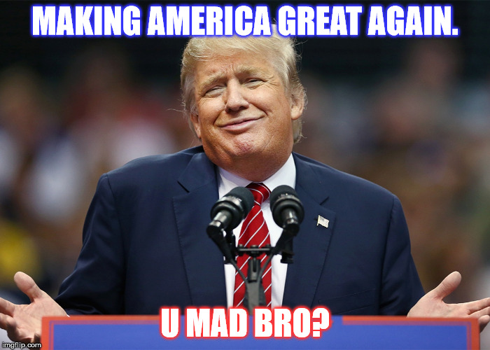 MAKING AMERICA GREAT AGAIN. U MAD BRO? | image tagged in trumpshrug | made w/ Imgflip meme maker