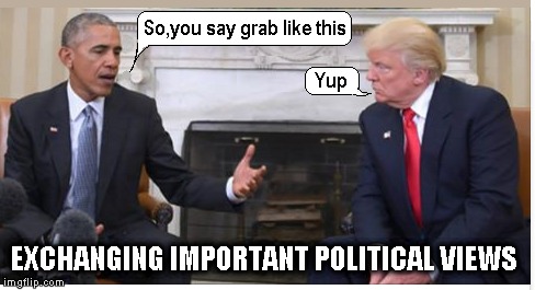 Trump and Obama | EXCHANGING IMPORTANT POLITICAL VIEWS | image tagged in political meme,obama,trump,funny meme | made w/ Imgflip meme maker