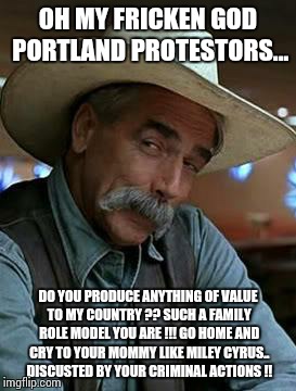 Sam Elliott | OH MY FRICKEN GOD PORTLAND PROTESTORS... DO YOU PRODUCE ANYTHING OF VALUE TO MY COUNTRY ?? SUCH A FAMILY ROLE MODEL YOU ARE !!! GO HOME AND CRY TO YOUR MOMMY LIKE MILEY CYRUS.. DISCUSTED BY YOUR CRIMINAL ACTIONS !! | image tagged in sam elliott | made w/ Imgflip meme maker