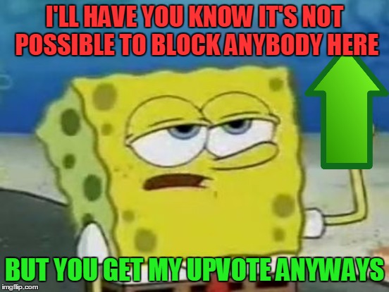 I'LL HAVE YOU KNOW IT'S NOT POSSIBLE TO BLOCK ANYBODY HERE BUT YOU GET MY UPVOTE ANYWAYS | made w/ Imgflip meme maker