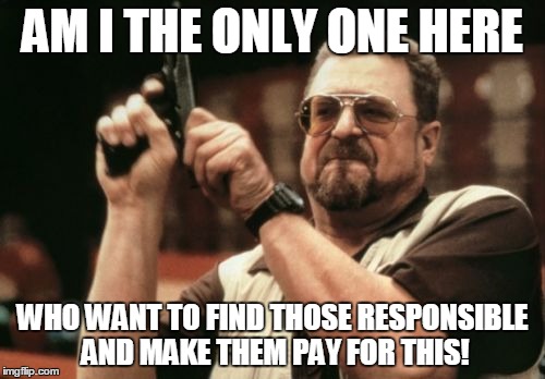 Am I The Only One Around Here Meme | AM I THE ONLY ONE HERE; WHO WANT TO FIND THOSE RESPONSIBLE AND MAKE THEM PAY FOR THIS! | image tagged in memes,am i the only one around here | made w/ Imgflip meme maker