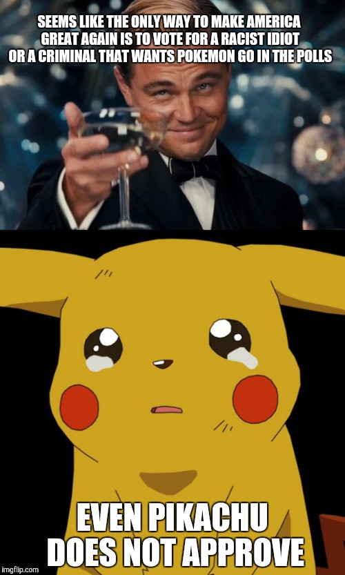 What Has This World Come To | SEEMS LIKE THE ONLY WAY TO MAKE AMERICA GREAT AGAIN IS TO VOTE FOR A RACIST IDIOT OR A CRIMINAL THAT WANTS POKEMON GO IN THE POLLS; EVEN PIKACHU DOES NOT APPROVE | image tagged in leonardo dicaprio cheers,pokemon,pokemon go,donald trump,hillary clinton,memes | made w/ Imgflip meme maker