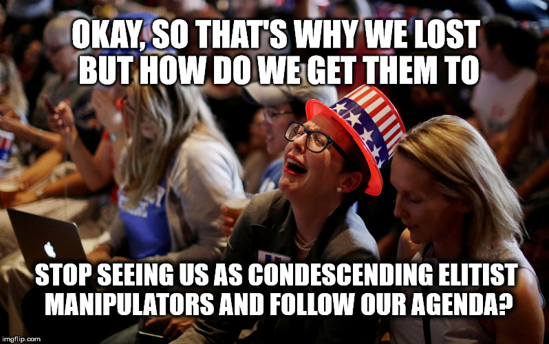 crying democrats | OKAY, SO THAT'S WHY WE LOST BUT HOW DO WE GET THEM TO; STOP SEEING US AS CONDESCENDING ELITIST MANIPULATORS AND FOLLOW OUR AGENDA? | image tagged in crying democrats | made w/ Imgflip meme maker