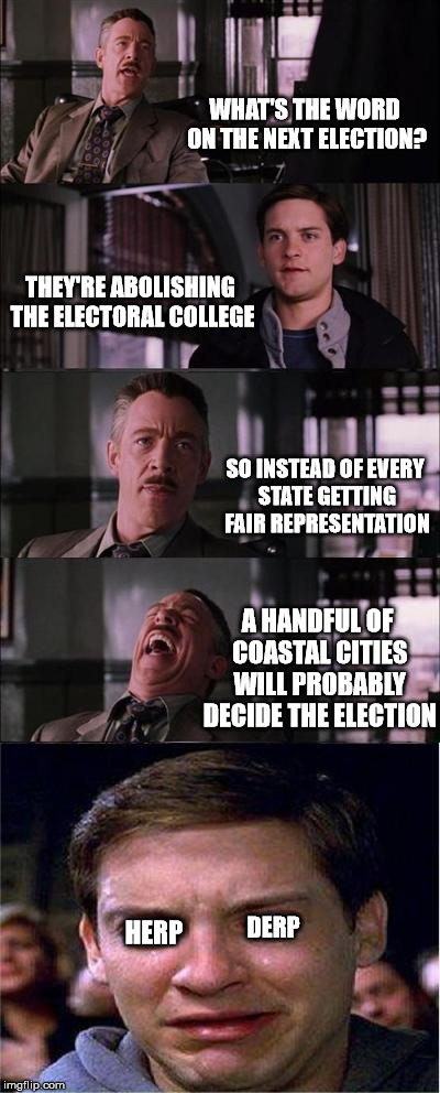 Peter Parker Cry Meme | WHAT'S THE WORD ON THE NEXT ELECTION? THEY'RE ABOLISHING THE ELECTORAL COLLEGE; SO INSTEAD OF EVERY STATE GETTING FAIR REPRESENTATION; A HANDFUL OF COASTAL CITIES WILL PROBABLY DECIDE THE ELECTION; HERP; DERP | image tagged in memes,peter parker cry | made w/ Imgflip meme maker