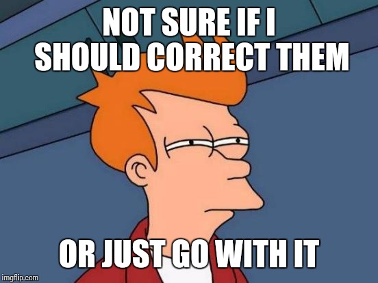 Futurama Fry | NOT SURE IF I SHOULD CORRECT THEM; OR JUST GO WITH IT | image tagged in memes,futurama fry | made w/ Imgflip meme maker