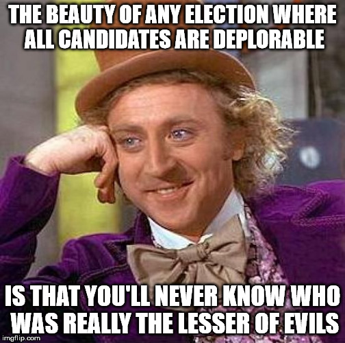 Creepy Condescending Wonka Meme | THE BEAUTY OF ANY ELECTION WHERE ALL CANDIDATES ARE DEPLORABLE IS THAT YOU'LL NEVER KNOW WHO WAS REALLY THE LESSER OF EVILS | image tagged in memes,creepy condescending wonka | made w/ Imgflip meme maker