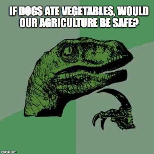 Philosoraptor | IF DOGS ATE VEGETABLES, WOULD OUR AGRICULTURE BE SAFE? | image tagged in memes,philosoraptor,vegans,dogs,carnivores | made w/ Imgflip meme maker