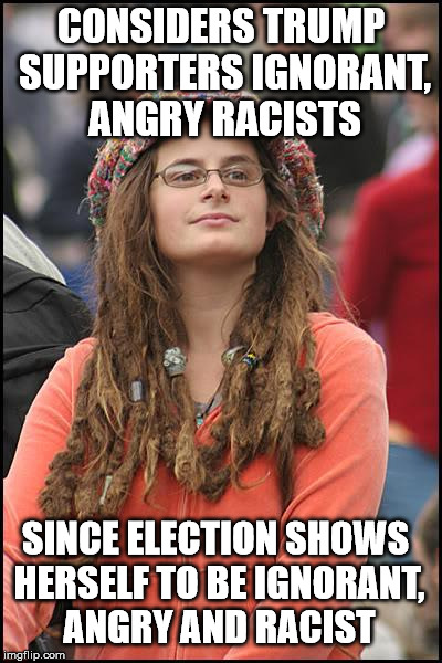 College Liberal Meme | CONSIDERS TRUMP SUPPORTERS IGNORANT, ANGRY RACISTS; SINCE ELECTION SHOWS HERSELF TO BE IGNORANT, ANGRY AND RACIST | image tagged in memes,college liberal | made w/ Imgflip meme maker