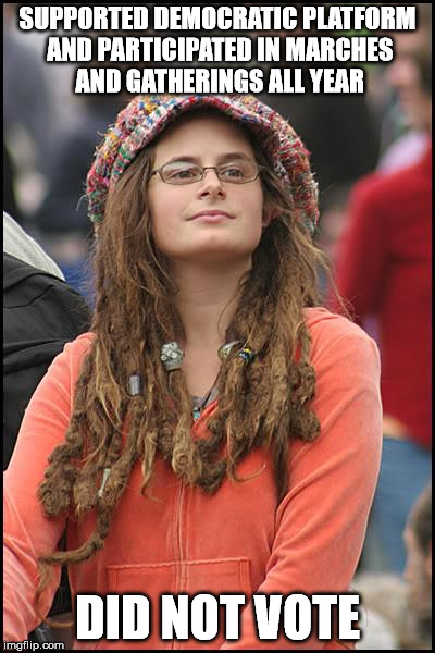 College Liberal Meme | SUPPORTED DEMOCRATIC PLATFORM AND PARTICIPATED IN MARCHES AND GATHERINGS ALL YEAR; DID NOT VOTE | image tagged in memes,college liberal | made w/ Imgflip meme maker