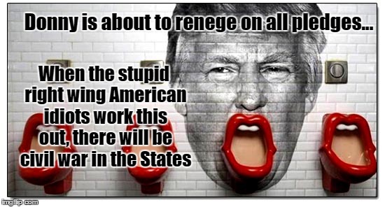 Donny is about to renege on all pledges... When the stupid right wing American idiots work this out, there will be civil war in the States | image tagged in donald trump,lying,why is the rum gone,why you always lying | made w/ Imgflip meme maker