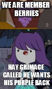 WE ARE MEMBER BERRIES; HAY GRIMACE CALLED HE WANTS HIS PURPLE BACK | image tagged in meme | made w/ Imgflip meme maker