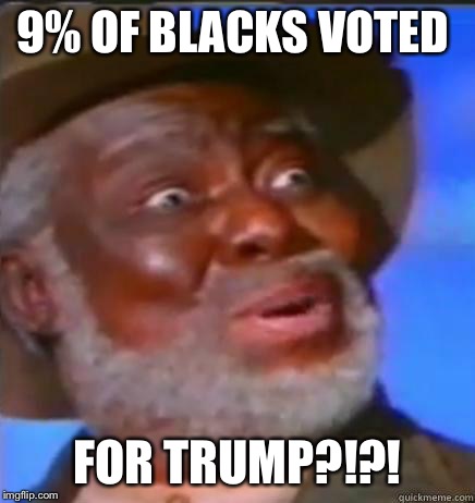 Suprised Black Guy | 9% OF BLACKS VOTED; FOR TRUMP?!?! | image tagged in suprised black guy,funny,politics | made w/ Imgflip meme maker