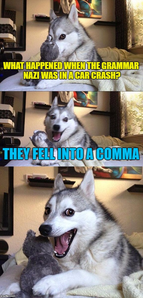 The car came to a quick stop. A full stop. | WHAT HAPPENED WHEN THE GRAMMAR NAZI WAS IN A CAR CRASH? THEY FELL INTO A COMMA | image tagged in memes,bad pun dog,grammar nazi | made w/ Imgflip meme maker