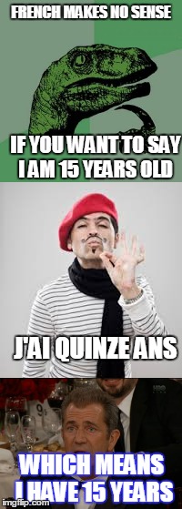 Stupid Francais | FRENCH MAKES NO SENSE; IF YOU WANT TO SAY I AM 15 YEARS OLD; J'AI QUINZE ANS; WHICH MEANS I HAVE 15 YEARS | image tagged in memes,philosoraptor,french | made w/ Imgflip meme maker