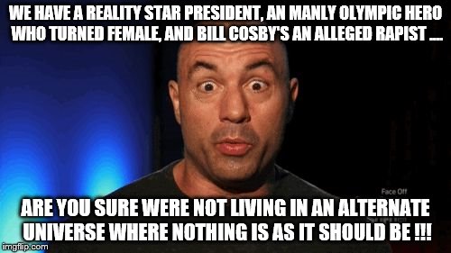 Joe rogan's alternate reality opinion | WE HAVE A REALITY STAR PRESIDENT, AN MANLY OLYMPIC HERO WHO TURNED FEMALE, AND BILL COSBY'S AN ALLEGED RAPIST .... ARE YOU SURE WERE NOT LIVING IN AN ALTERNATE UNIVERSE WHERE NOTHING IS AS IT SHOULD BE !!! | image tagged in joe rogan thats a good kid,joe rogan,alternate universe,alternate reality,crazy world | made w/ Imgflip meme maker