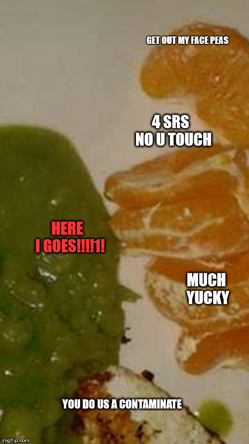 food fight | GET OUT MY FACE PEAS; 4 SRS  NO U TOUCH; HERE 
I GOES!!!!1! MUCH YUCKY; YOU DO US A CONTAMINATE | image tagged in funny food | made w/ Imgflip meme maker
