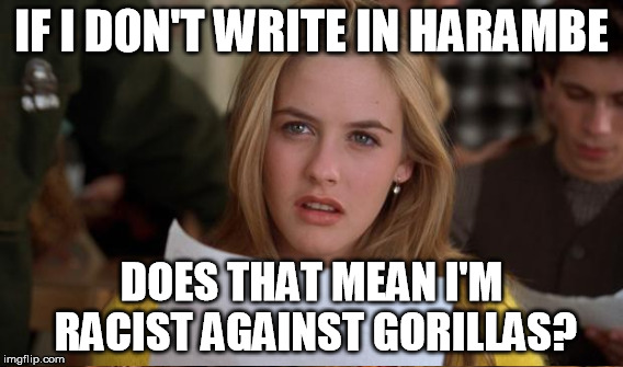 IF I DON'T WRITE IN HARAMBE DOES THAT MEAN I'M RACIST AGAINST GORILLAS? | made w/ Imgflip meme maker