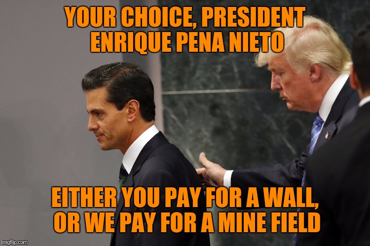 One way or another, the problem remains yours. | YOUR CHOICE, PRESIDENT ENRIQUE PENA NIETO; EITHER YOU PAY FOR A WALL, OR WE PAY FOR A MINE FIELD | image tagged in donald trump,president trump,mexican wall,mexico,presidents | made w/ Imgflip meme maker
