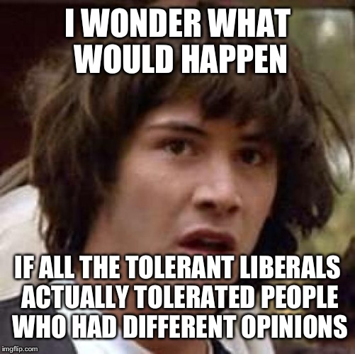 Conspiracy Keanu Meme | I WONDER WHAT WOULD HAPPEN IF ALL THE TOLERANT LIBERALS ACTUALLY TOLERATED PEOPLE WHO HAD DIFFERENT OPINIONS | image tagged in memes,conspiracy keanu | made w/ Imgflip meme maker