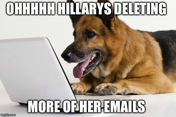 dog reading emails | OHHHHH HILLARYS DELETING; MORE OF HER EMAILS | image tagged in dog reading emails | made w/ Imgflip meme maker