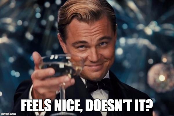 Leonardo Dicaprio Cheers Meme | FEELS NICE, DOESN'T IT? | image tagged in memes,leonardo dicaprio cheers | made w/ Imgflip meme maker