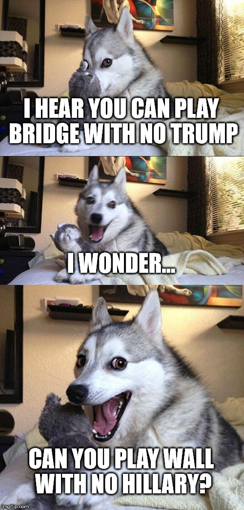 Card games can be confusing | I HEAR YOU CAN PLAY BRIDGE WITH NO TRUMP; I WONDER... CAN YOU PLAY WALL WITH NO HILLARY? | image tagged in memes,bad pun dog,bridge,wall,trump,hillary | made w/ Imgflip meme maker