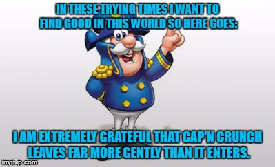 captain crunch |  IN THESE TRYING TIMES I WANT TO FIND GOOD IN THIS WORLD SO HERE GOES:; I AM EXTREMELY GRATEFUL THAT CAP'N CRUNCH LEAVES FAR MORE GENTLY THAN IT ENTERS. | image tagged in cap'n crunch,funny,funny memes,breakfast | made w/ Imgflip meme maker