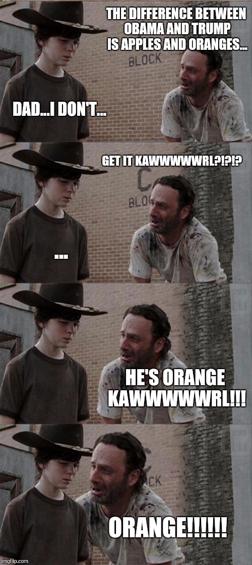 Rick and Carl Long Meme | THE DIFFERENCE BETWEEN OBAMA AND TRUMP IS APPLES AND ORANGES... DAD...I DON'T... GET IT KAWWWWWRL?!?!? ... HE'S ORANGE KAWWWWWRL!!! ORANGE!!!!!! | image tagged in memes,rick and carl long | made w/ Imgflip meme maker
